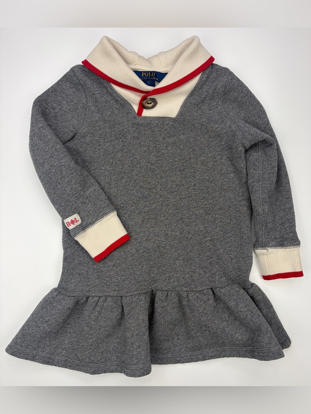 Polo by Ralph Lauren Gray Dress with Cream Shawl Collar and Red Trim GUC sz 5